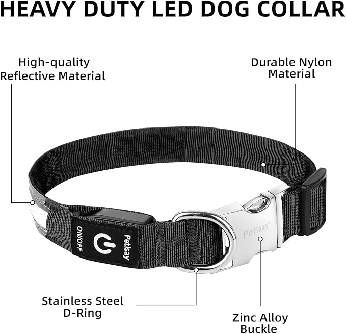 PetIsay LED Dog Collar Metal Buckle - Heavy Duty Light up Collars - Rechargeable IP68 Waterproof - Lighted Dog Collar for Night Walking, Hiking, Camping (Medium, White)