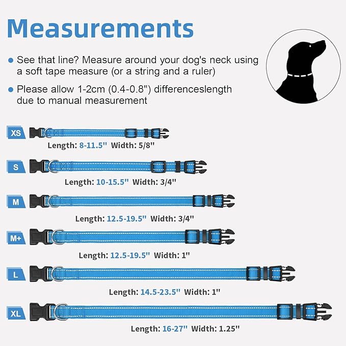 Reflective Dog Collar, Soft Neoprene Padded Nylon Pet Collar with Quick-Release Buckle, Adjustable for Large Dogs,Aqua Blue,L