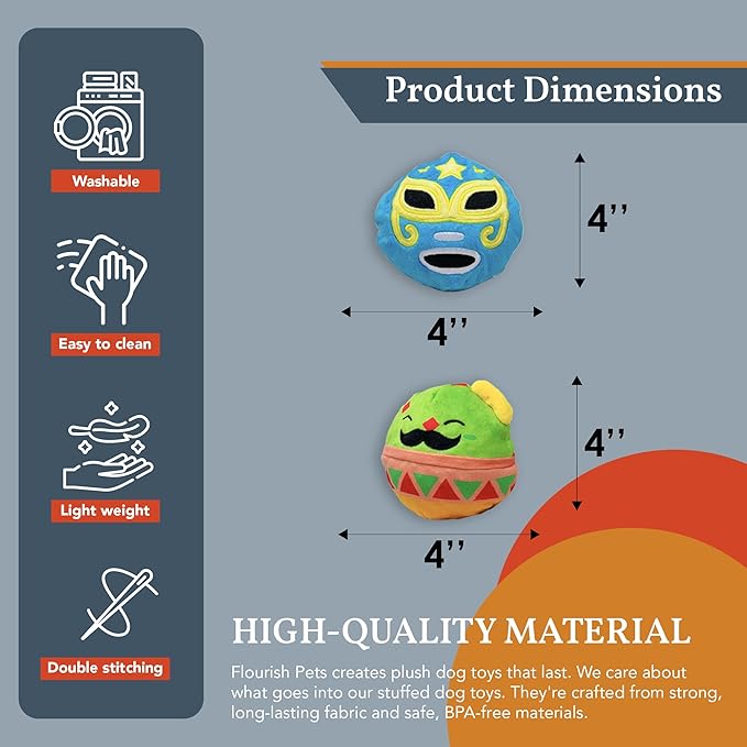 Flourish Pets 2 in 1 Multi-Layer Chew Toy for Active Dogs | Non-Toxic BPA Free Double Stitched Soft Fabric Exterior Dog Toys | Long-Lasting Dog Plush Toys – Cinco de Mayo 3.5" (2 Pack)