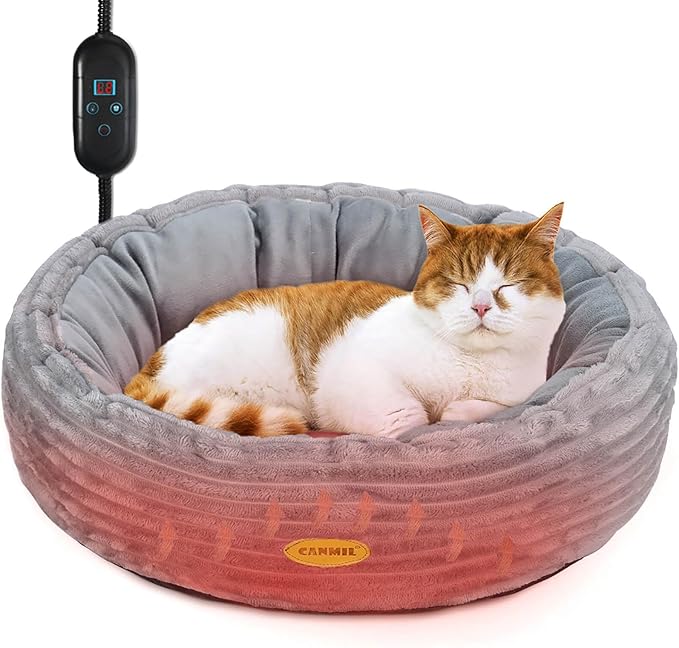 Heated Cat Bed for Indoor Cats, 20’’ Electric Cat Heated Bed Pet Warming Bed for Cats and Small Dogs, Washable Calming Round Donut Pet Bed with Heating Pad, Indoor Use