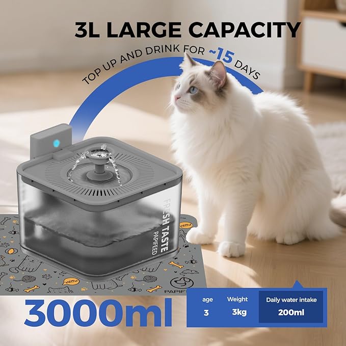 PAPIFEED Wireless Cat Water Fountain, 106oz/3L Battery Operated Pet Water Fountain Cordless for Cats Indoor, Automatic Cat Drinking Dispenser with Motion Sensor, Leak-Proof Silicone Pad Included Grey