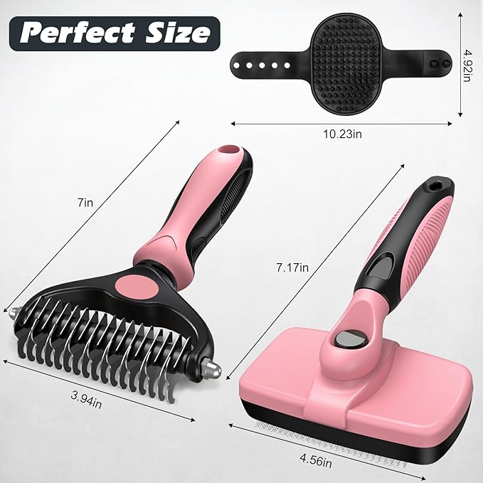 3PCS Self Cleaning Slicker Brush & Pet Grooming Rake & Bath Brush for Dogs ,Cats and Horses | Double-Sided Dematting Comb & Skin Friendly Deshedding Grooming Tool | Pet Supplies (Light Pink Black)