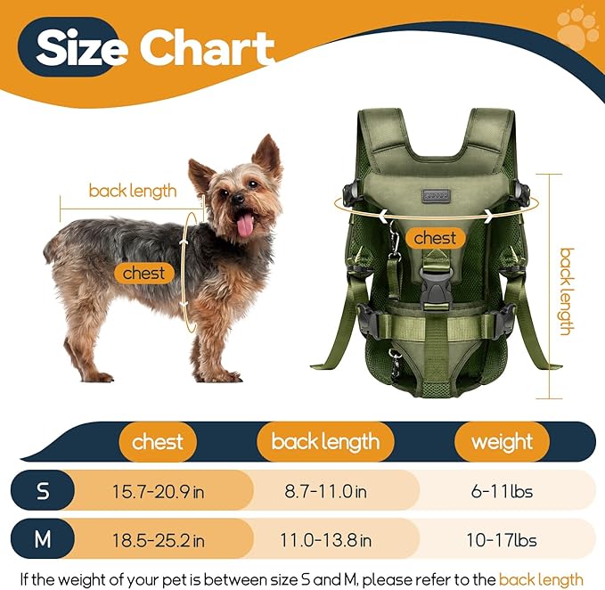 Pet Dog Front Carrier Backpacks, Legs Out Secure-Fit Dog Front Carrier for Small Dogs Up to 17 lbs, Adjustable Hands Free Pet Chest Carrier for Hiking Cycling (S, Army Green)