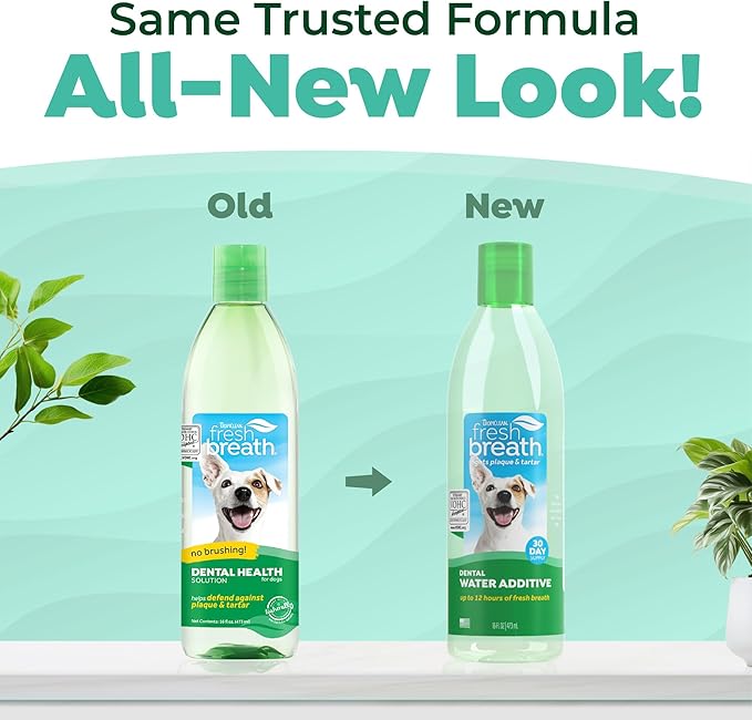 TropiClean Fresh Breath Water Additive for Dogs, Dog Breath Freshener and Teeth Cleaning Solution, No Toothpaste or Toothbrush Required, 16oz.