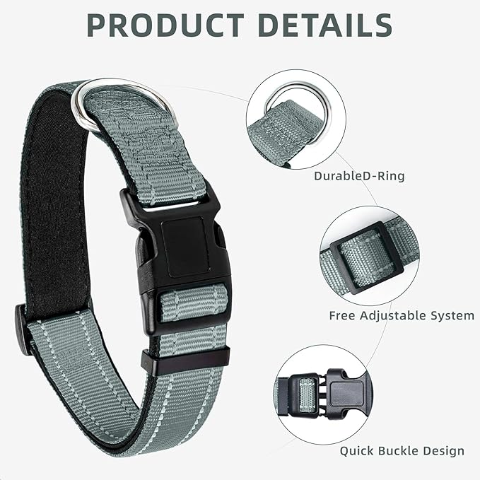 Reflective Dog Collar, Soft Neoprene Padded Nylon Pet Collar with Quick-Release Buckle, Adjustable for Mediunm Dogs,Grey,M, 3/4" Width