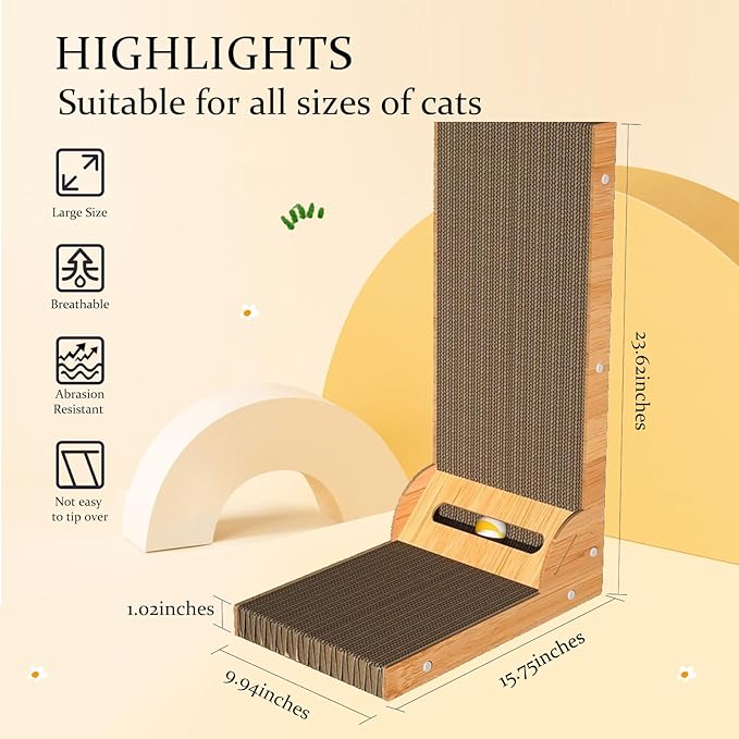 Pawfect L Shape Cat Scratcher with Bell 23.6 Inch Scratching Board with Box Cat Scratching Cardboard with Bell Ball Toy for Indoor Cats