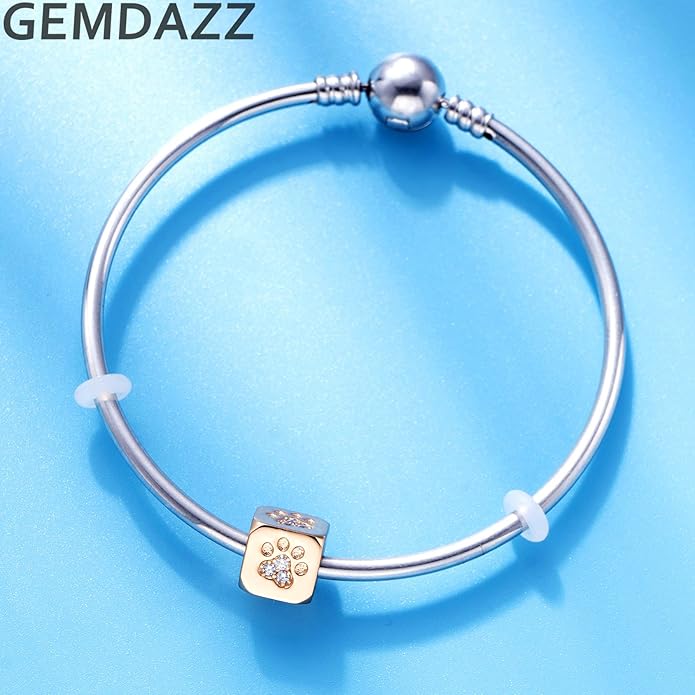 GEMDAZZ Sparkling Puppy Paw Print Charms in 925 Sterling Silver, Pave Dog Pawprint CZ Round Beads and Always in My Heart Charms, Gift for Animal Lover, fit European Women Bracelet/Necklace