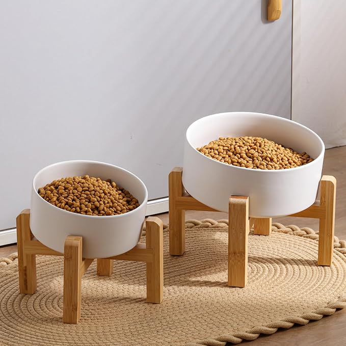 White Elevated/Raised 15°Tilted Anti Slip Ceramic Dog Bowl for Medium & Large Breeds,Slanted Bulldog Big Face Pet Food Water Feeding Dish with Stand (7.6 Cups/60OZ)