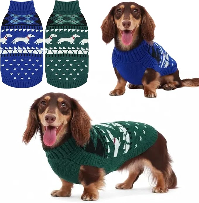 Ultra-Soft & Thermal Christmas Dachshunds Sweaters, Fall/Winter Pullover Turtleneck Knitted Mini Dachshund Sweater, Small Weiner Dog Clothes for Girls Boys, Puppy Cozy Costume for Male Dogs (Blue, S)