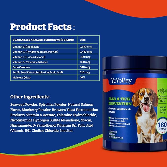 Flea and Tick Prevention for Dogs Chewable - 180 Soft Chews, Salmon & Blueberry Flavor - Dog Flea and Tick Treatment Chewable, Natural Defense- Dog Immune Support Supplement