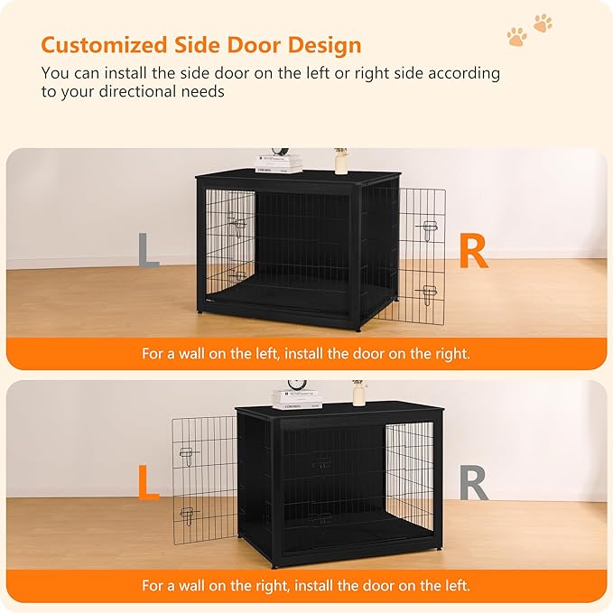DWANTON Dog Crate Furniture with Cushion, Wooden Kennel Table with Double Doors, Indoor Dog House, Extra Large Size, 43.3" L, Black