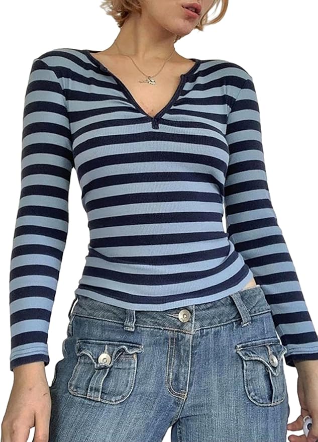 Xineicy Women's Y2K Long Sleeve Henley Tops Casual T-Shirts for Women Slim Fit Vintage Graphic Crop Tops