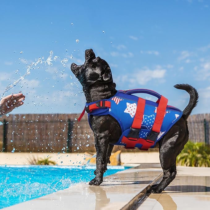 Kuoser Dog Life Jacket High Flotation, American Flag Dogs Life Vest for Swim Boating, Independence Day dog lifejacket with Reflective & Rescue Handle, Adjustable Doggy Life Preserver for Large Dogs XL