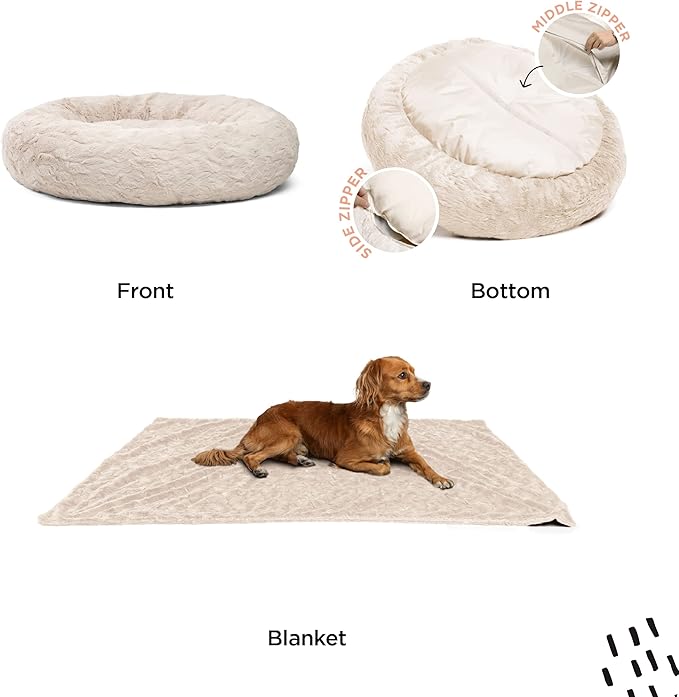 Best Friends by Sheri Bundle Set The Original Calming Lux Donut Cuddler Cat and Dog Bed + Pet Throw Blanket Oyster Extra Large 45" x 45"
