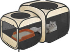 2-in-1 Portable Cat Playpen, Pop up Pet Kennel Play Pen Cat Tent House Cage, Foldable Puppy Enclosure Kitten Crates Indoors Outdoor(Beige)(No Divider, Pass-Through)