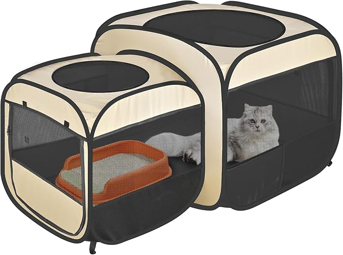 2-in-1 Portable Cat Playpen, Pop up Pet Kennel Play Pen Cat Tent House Cage, Foldable Puppy Enclosure Kitten Crates Indoors Outdoor(Beige)(No Divider, Pass-Through)