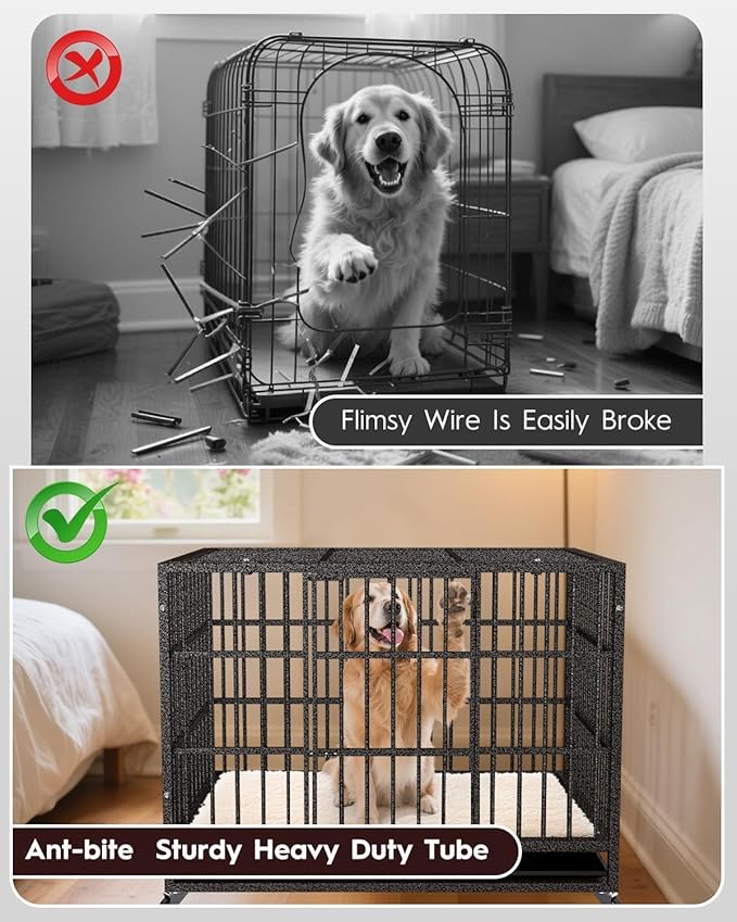 48In Heavy Duty Dog Crate, Indestructible Escape-Proof Kennel for Large Dogs, XL Dog Crates, Double Door, with Removable Tray and Wheels, Ideal for High-Anxiety Dogs