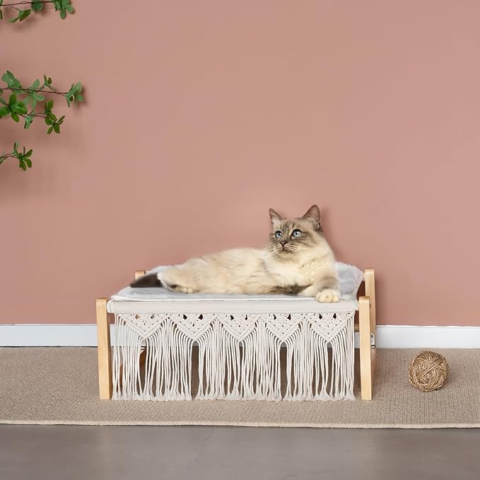 Dahey Boho Cat Bed with Blanket Wooden Cat Hammock Bed for Indoor, Macrame Elevated Pet Beds Breathable Cat Couch Furniture Pet Resting Hammock Cat Chair Gift for Cats and Small Dogs