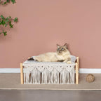 Dahey Boho Cat Bed with Blanket Wooden Cat Hammock Bed for Indoor, Macrame Elevated Pet Beds Breathable Cat Couch Furniture Pet Resting Hammock Cat Chair Gift for Cats and Small Dogs