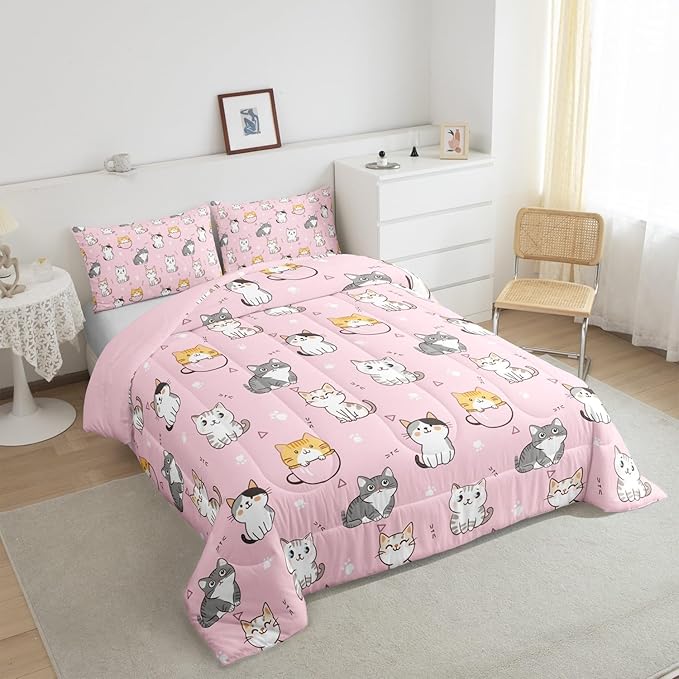 Erosebridal Pink Cat Bedding Set Twin Kawaii Animal Comforter Set, Cute Hearts Reversible Duvet Insert White Kitten Paws Quilt Set, Cartoon Animal Pet Bedding Comforters & Sets Geometry Triangle Decor