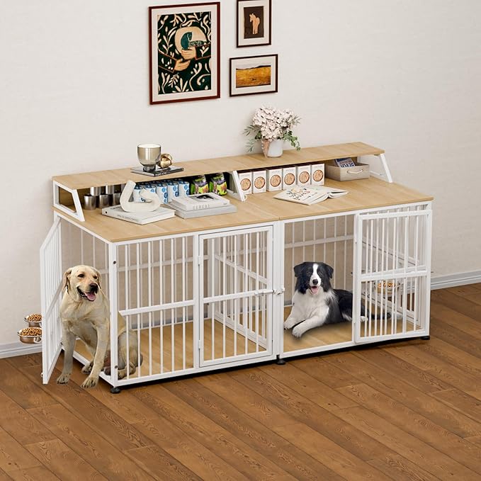 Dog Crate Furniture for 2 Dogs, 72" Extra Large Double Dog Cage Large Breed, XXL Thick Wooden Dog Crate with Storage Rack, Sturdy Dog Kennel with Removable Divider (Nature Wood & White)