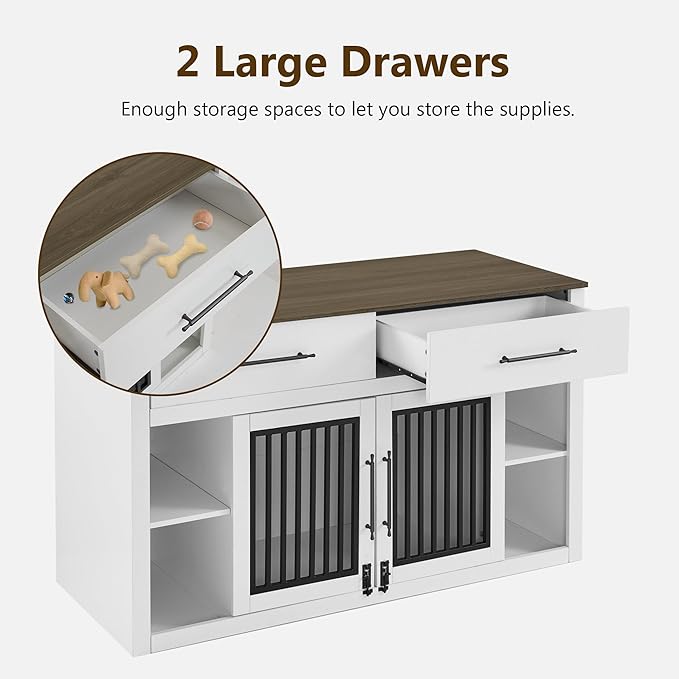 Lovupet Wooden Dog Crate Furniture, Pet House End Table with Large Drawers, Pet Crate for Small/Medium Dogs 1858 (White and Brown)