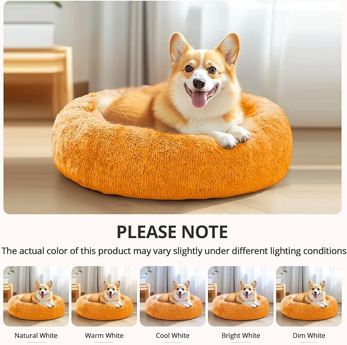 JOLLYVOGUE Calming Dog & Cat Bed for Large Dogs, Anti-Anxiety Donut Cuddler Cozy Soft Round Bed with Anti-Slip Bottom, Fluffy Faux Fur Plush Cushion Beds for Medium Dogs (36")