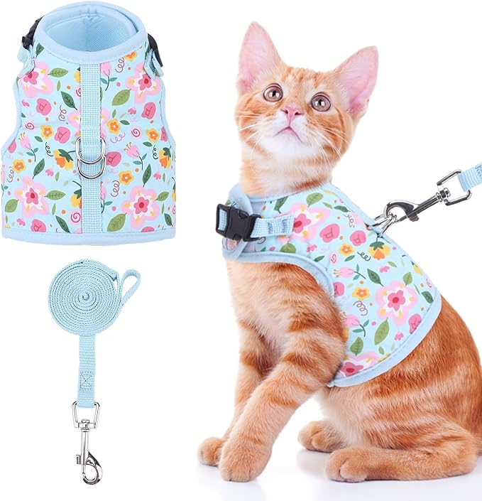 BINGPET Cat Harness and Leash Set Escape Proof for Walking,Step-in Harness with Lightweight Soft Breathable Mesh,Adjustable Easy Control Harness for Kitten Puppy Small Medium Large Cats(Flower,L)