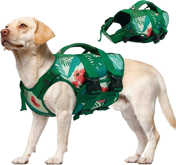 Kuoser Dog Life Jacket High Flotation XXL, Reflective Dog Life Vest for Swimming Boating, Adjustable Dogs lifejacket with Rescue Handle for, Safety Pet Life Preserver Floats for Summer Vacation, 2XL