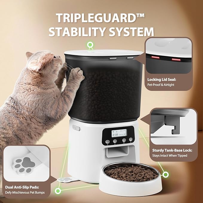 Automatic Cat Feeder,4L Timed Cat Dry Food Dispenser,Pet Feeder up to 6 Meals and 30 Portions per Day,10S Voice Record,Flexible Schedule Timer,Dual Power,Stainless Steel Bowl, for Cats and Small Dogs