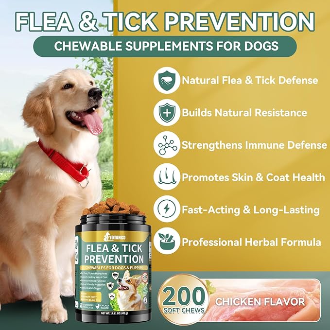 YOTANGO Natural Flea & Tick Support Chews for Cats & Dogs, 2-Pack Bundle for Natural Flea Prevention & Skin Health, 400 Chews Total, Safe & Effective, Plant-Based Formula for All Breeds