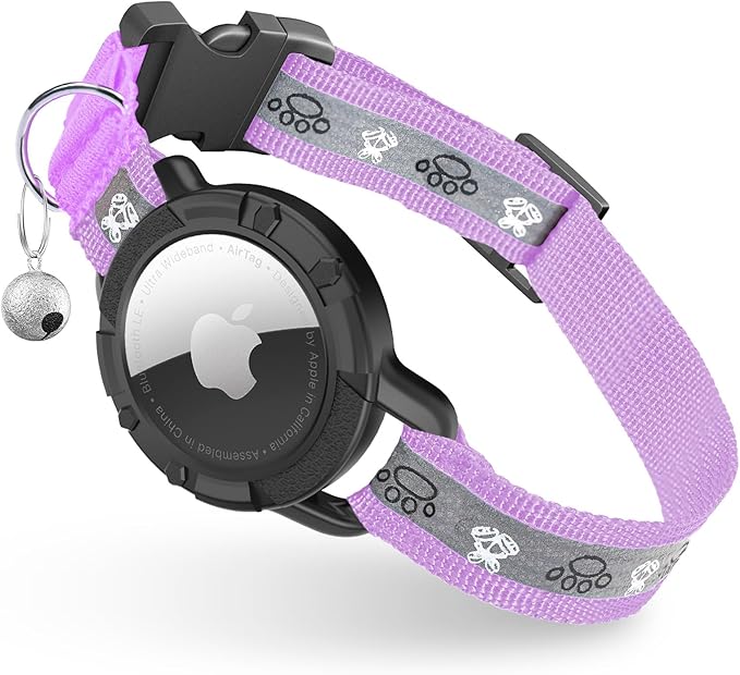 Reflective AirTag Cat Collar, Integrated Cat Tracker Collar with Air Tag Holder and Bell, Safety Elastic Band Cat GPS Collars for Girl Boy Cats, Kittens and Puppies (Lilac,XS)