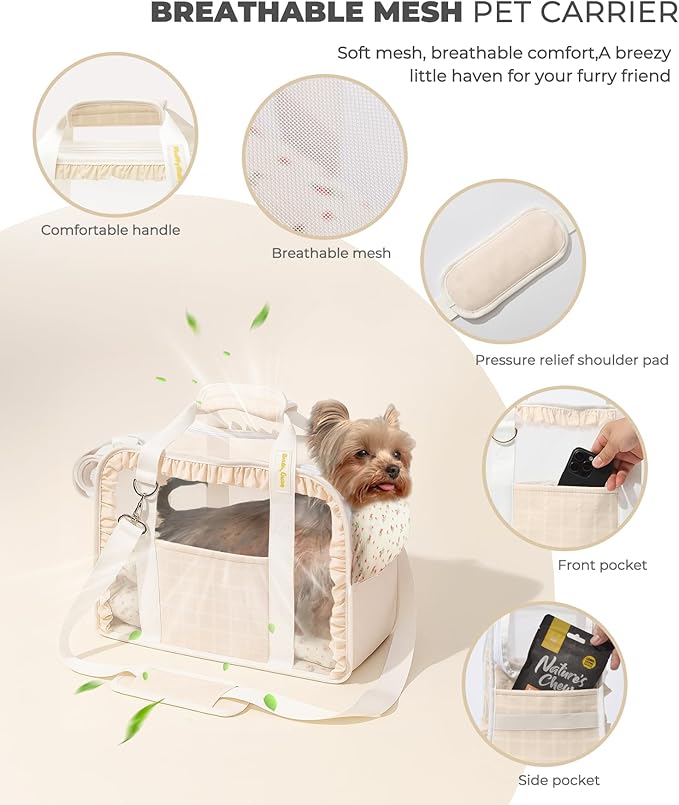Pet Carrier for Medium Cats, Dog Carrier with Soft-Sided Cat Carriers, Breathable Mesh for Small/Medium Cats Dogs Puppies (Up to 13lbs), Foldable with Safety Buckle for Travel - Beige