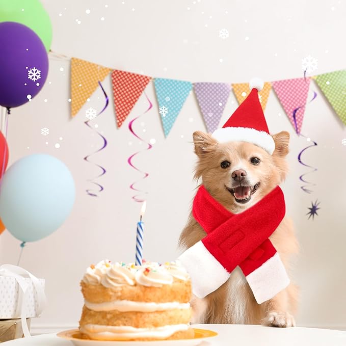 2 Pcs Pet Christmas Hat and Scarf Set, Santa Costume Accessories for Small Dogs and Cats, Adjustable Holiday Outfit for Puppy Kitten Xmas Party and Winter Dress Up