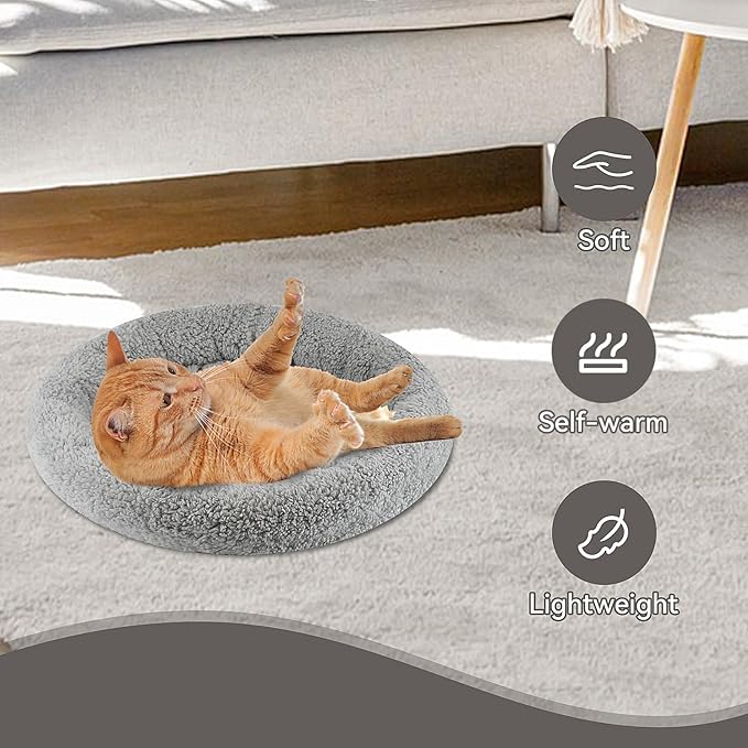 Enjoying Small Cat Bed Mat, 13.78" Round, Self Warming Cat Bed with Pillow Around, Dog Kitty Curling Sleep Cushion, Soft Cat Pad for Carrier/Crate, Rabbit Warm Bed, Antiskid Bottom, Small
