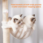 Heybly Wood Cat Tree for Indoor Cats, Cat Condo for Large Cats with Self Groomer, Modern Cat Scratching Tower with Basket, Hammock, Dangling Ball and Leaves, Rustic Gray HCT120SG