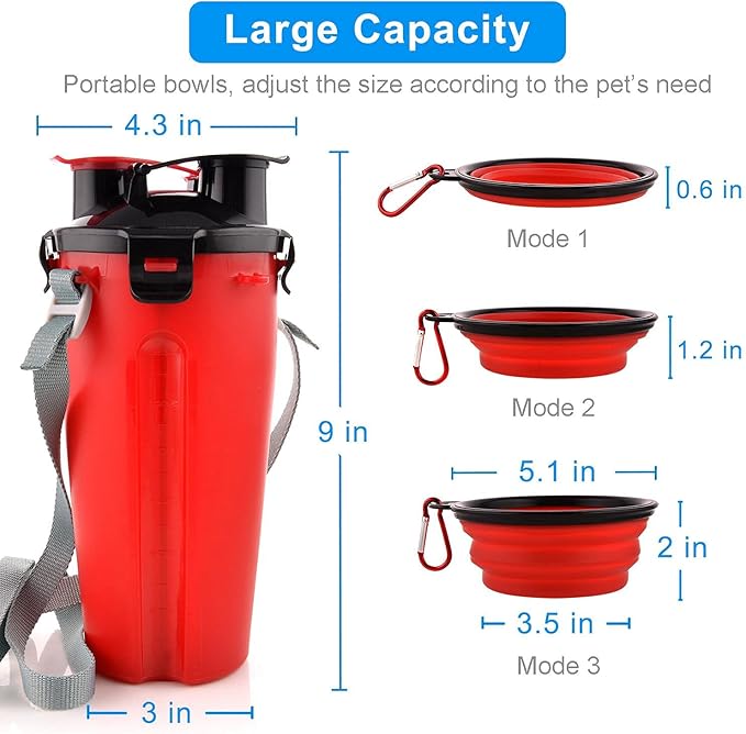 Dog Travel Water Bottle Collapsible Bowls, 2 in 1 Pet Food Container with Collapse Bowls, Outdoor Portable Water Bowls for Walking, Traveling, Camping and Hiking (Red)