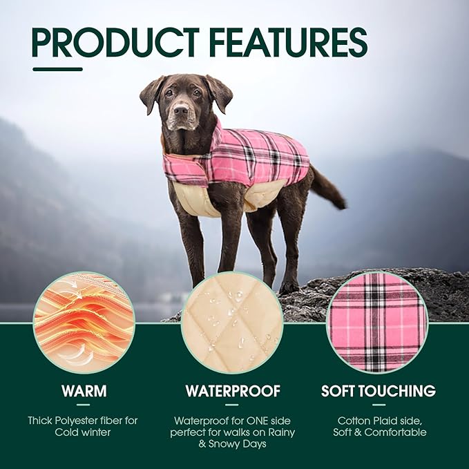 Kuoser Warm Dog Coat, Waterproof Dog Jacket for Extra Large Dogs, Adjustable Durable XL Doggie Winter Coat Reversible Cozy Puppy Cold Weather Apparel from Small to Large Breed, Pink XL
