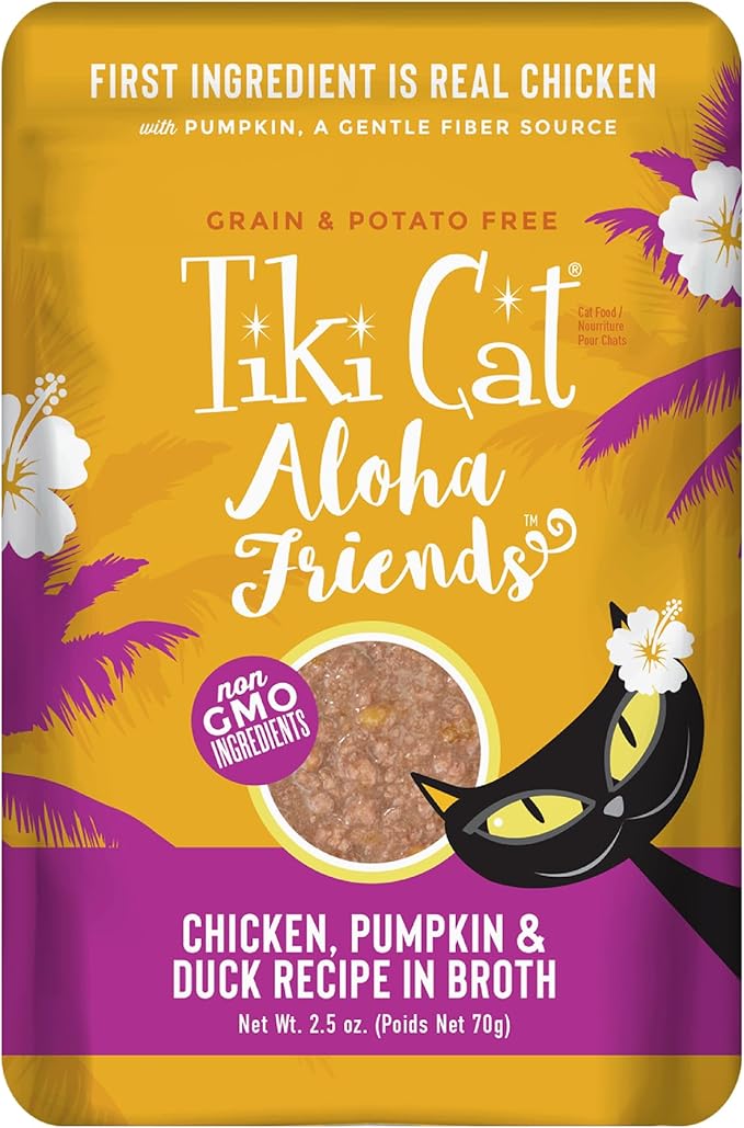 Tiki Cat Aloha Friends, Chicken, Pumpkin & Duck, Grain-Free & High Moisture, Wet Cat Food for All Life Stages 2.5 oz. Pouch (12 Count)