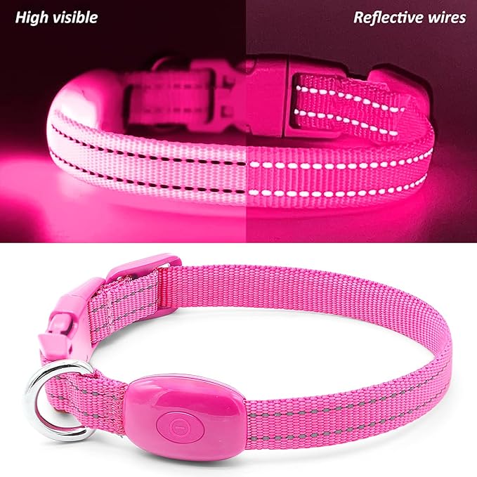Light Up Collar for Small Dogs& Cats, Reflective LED Dog Collar Rechargeable Puppy Safety Lights for Nighttime Walking (Pink)
