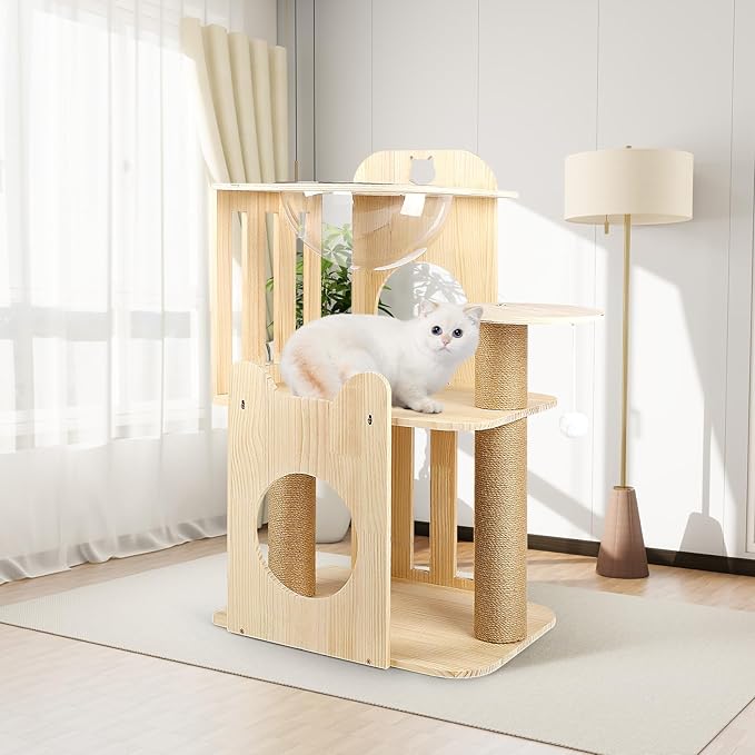 Cat Tree Tower, 32" Tall Wood Cat House Condo with Scratching Post, Cat Tower with Clear Space Capsule Detachable Cat Furniture for Indoor Small and Medium Cats