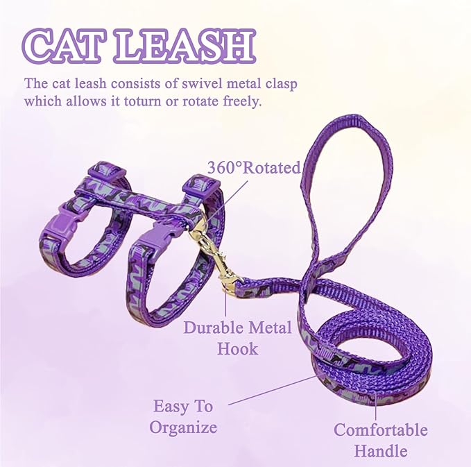 2 Pack Cat Harness and Leash Set with Collar, Escape Proof & Adjustable Kitten Harness for Small to Medium Cats, Walking & Travel Set (Black + Purple)