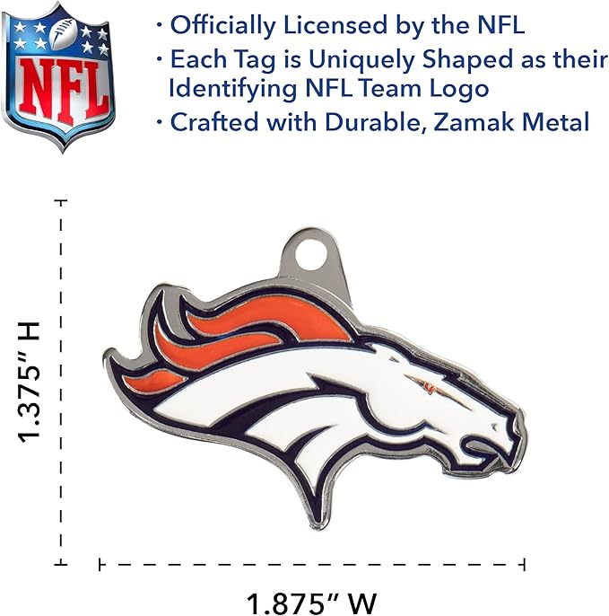 NFL Denver Broncos Engraving Pet ID Tags in 32 Team Logo Shapes Personalized Dog Tags and Cat Tags with 3 Lines of Customizable Text for Tracking & Safety. Stainless Steel Pet ID Tracking Tags