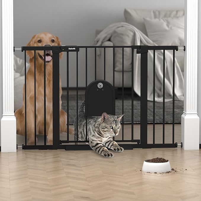 29.5"-51.5" Extra Wide Baby Gate with Cat Door for Stairs & Doorways - Auto-Close Metal Gate, Pressure Mounted, Easy Install 30.5" Tall, No Drilling - Dog Gate for Cats and Pets, Black
