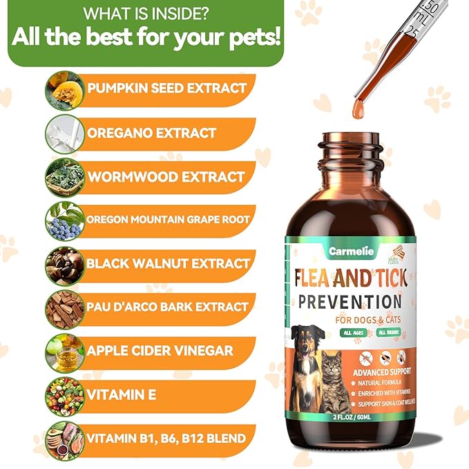 Oral Flea and Tick Support for Dogs and Cats, Natural Dog Flea and Tick Defense, Cat Flea Drops Supplements with Vitamin for Pets - All Breeds and Ages - Bacon