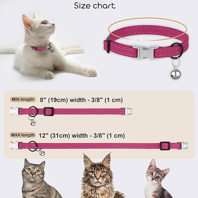 Leather Cat Collar with Buckle and Removable Bell - Non Breakaway Adjustable Soft Safety Small Pet Collars for Girl Boy Cats Kitten (Pink)