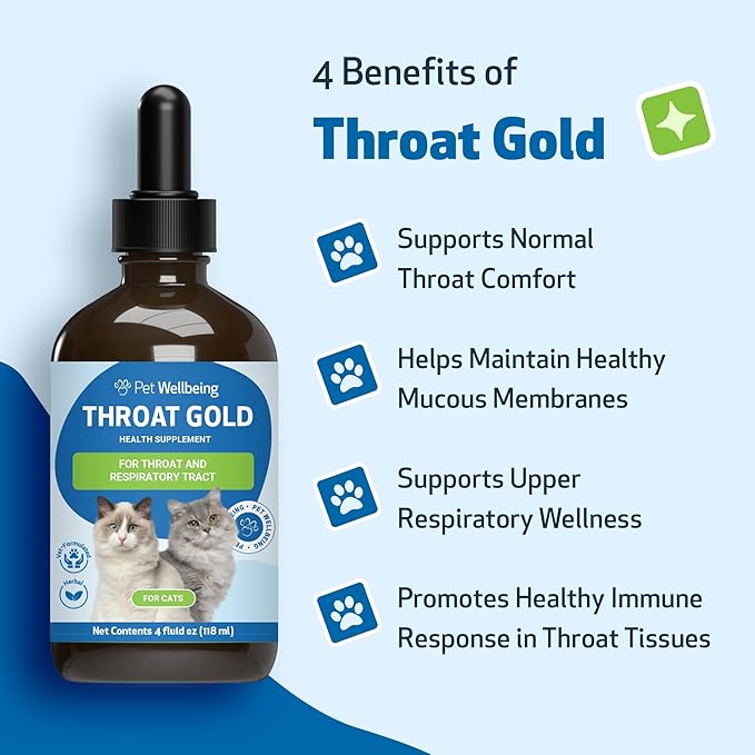 Pet Wellbeing Throat Gold for Cats - Cat Respiratory Support, Occasional Cough & Hoarseness with Mullein & Slippery Elm - NASC Certified & Vet-Formulated - 4 oz Liquid Formula