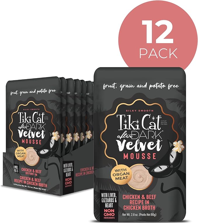 Tiki Cat After Dark, Velvet Mousse, Chicken & Beef Recipe in Chicken Broth, Grain & Potato Free Formula, with High Protein & Nutrient Dense Blended Irresistible Organ Meat, 2.8 oz. Pouch (12 Count)