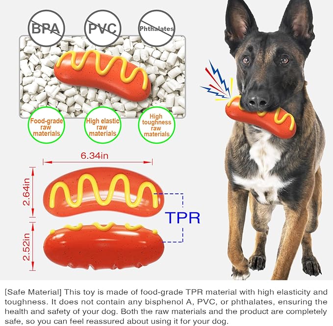 Dog Toys Chewers,Dog Chew Toy for Aggressive Chewers Sausages,Squeaky Dog Toy Interactive (Red Hotdog)