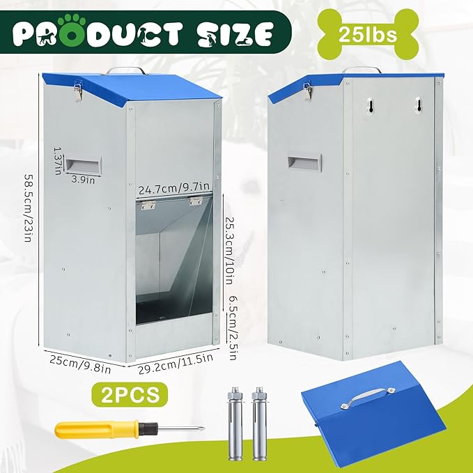 2 Pcs Large Automatic Dog Feeders with Handle Acrylic Panel Galvanized Gravity Feeder Outdoor Hanging for Doggie Breed Dog Food Dispenser Container (Blue,25 Lbs)